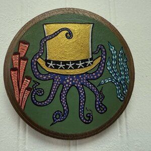 Hand-painted Top Hat Octopus Wooden Wall Decor